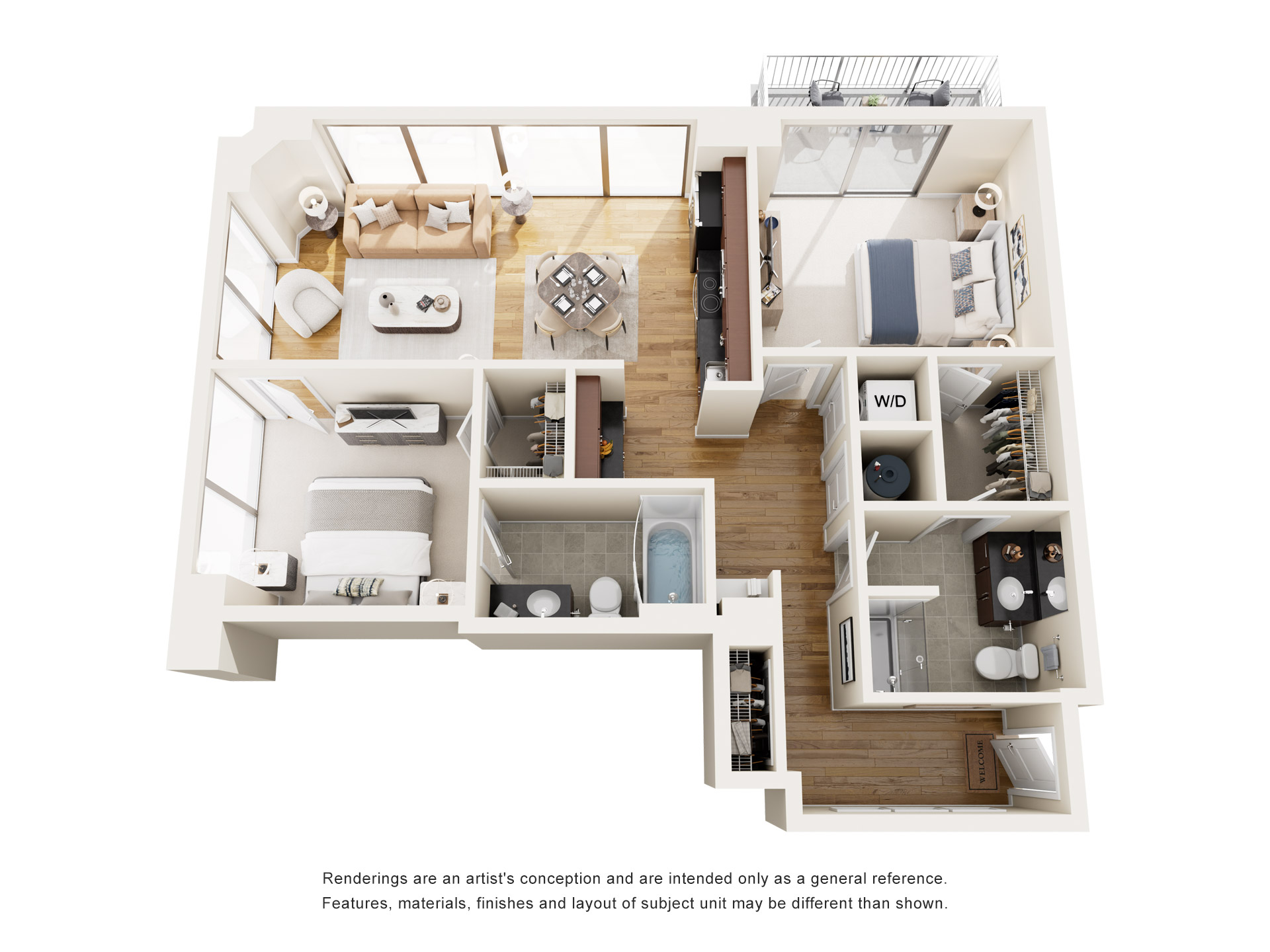 Floor plan for 2 beds, 2 baths, 988 sqft
